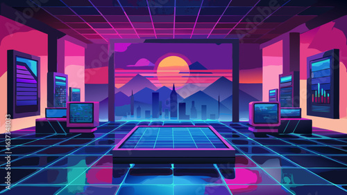 Retrofuturistic neon grid room with cityscape sunset view and vintage computers