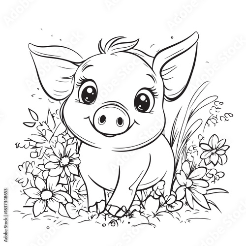 Cute Pig in Grass with Flowers Line Art vector silhouette