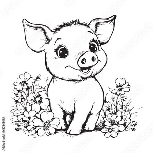 Cute Pig in Grass with Flowers Line Art vector silhouette