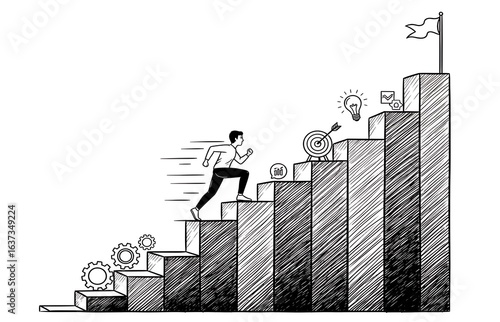 Man climbing stairs towards success and goal with lightbulb ideas
