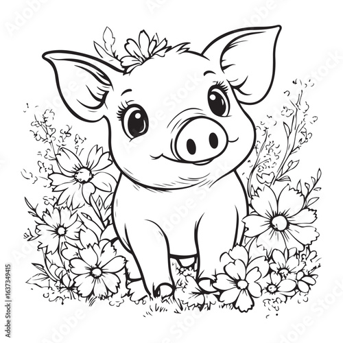 Cute Pig in Grass with Flowers Line Art vector silhouette