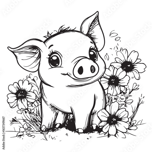Cute Pig in Grass with Flowers Line Art vector silhouette