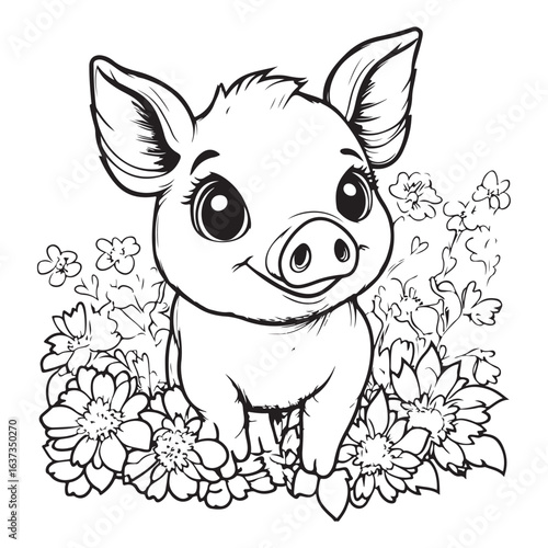 Cute Pig in Grass with Flowers Line Art vector silhouette
