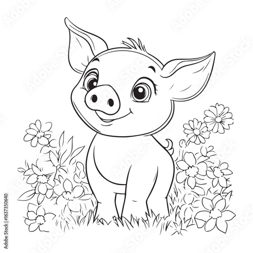 Cute Pig in Grass with Flowers Line Art vector silhouette