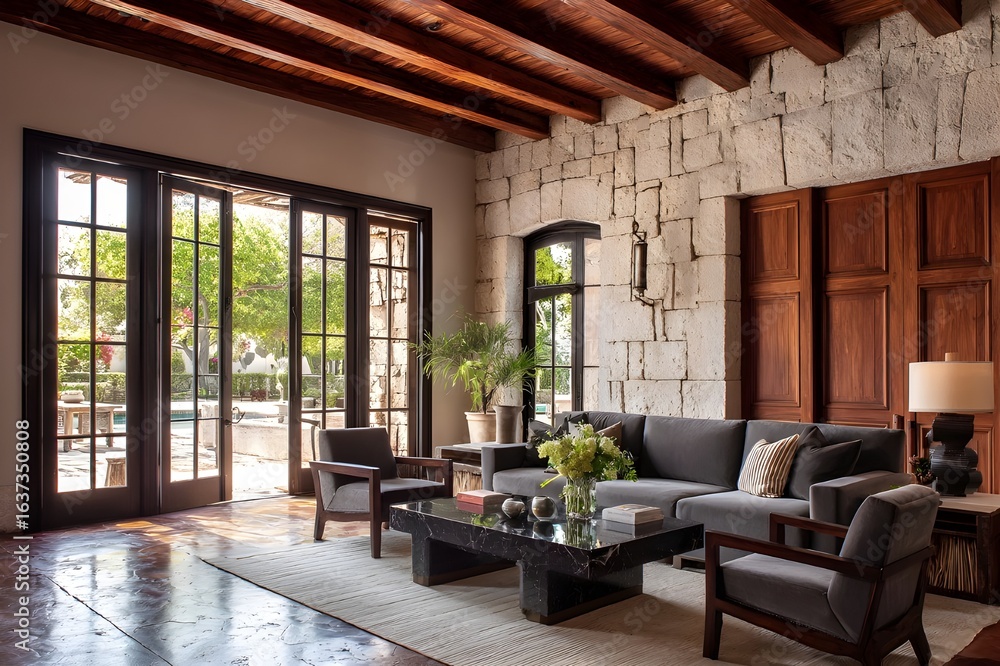 Fototapeta premium Onyx Coffee Table in Front of Bright Sofa for Sophisticated Living Room Design