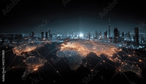 Global network at night.  World map overlaid on a city skyline, with glowing connections