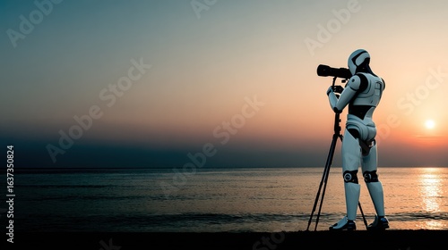 White robot photographer at sunrise by the sea