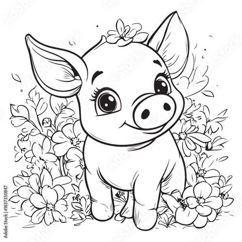 Cute Pig in Grass with Flowers Line Art vector silhouette