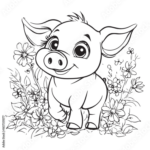 Cute Pig in Grass with Flowers Line Art vector silhouette