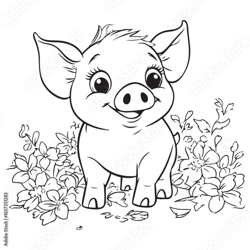 Cute Pig in Grass with Flowers Line Art vector silhouette