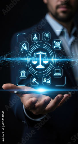 Wallpaper Mural Futuristic digital interface with justice scale icon, artificial intelligence, law, and technology symbols, business professional holding tablet, innovation in legal industry concept Torontodigital.ca