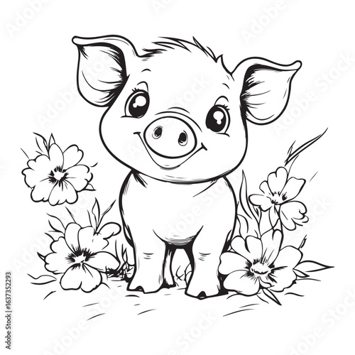 Cute Pig in Grass with Flowers Line Art vector silhouette