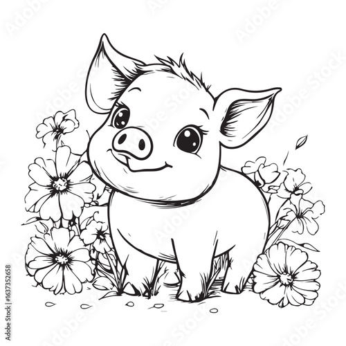 Cute Pig in Grass with Flowers Line Art vector silhouette