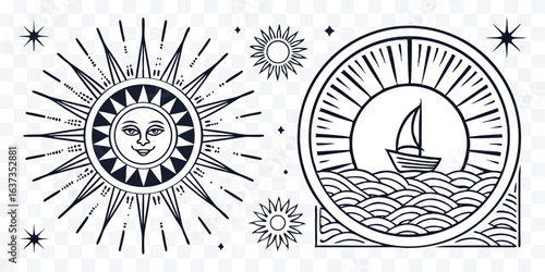 Celestial Sun and Sea Voyage Mystical Art Graphic Elements Vector Illustration for Print and Digital Design