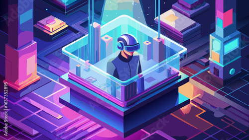 Man in vr headset immersed in a futuristic neon cityscape with digital data streams