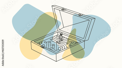 An open wooden box reveals a miniature circuit board with a small figure standing in the center
