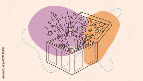 Person wearing headphones inside a treasure chest surrounded by abstract shapes and creative elements