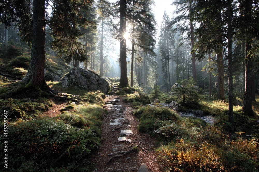 Obraz premium Sunlit path through a misty mountain forest