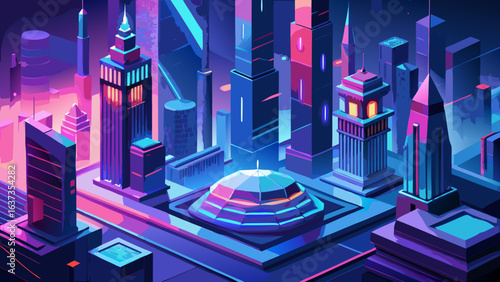 Vibrant isometric cityscape featuring futuristic skyscrapers bathed in neon purple and blue light