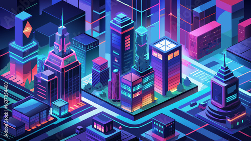 Vibrant isometric neon cityscape with futuristic skyscrapers and glowing streets at night
