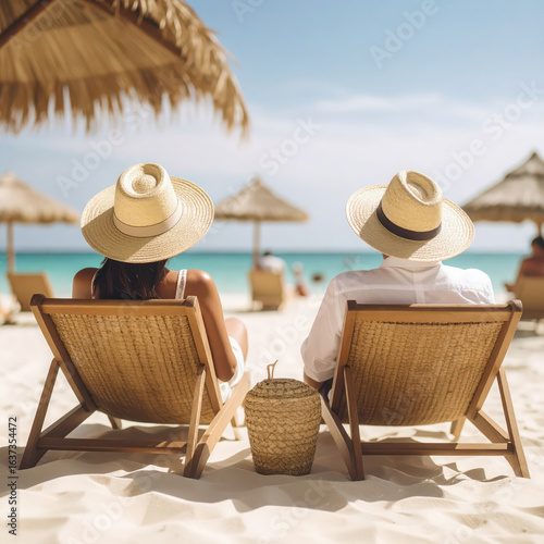 Photo of people sitting on beach chairs enjoying the beautiful view on the sand on the beach in a resort area.