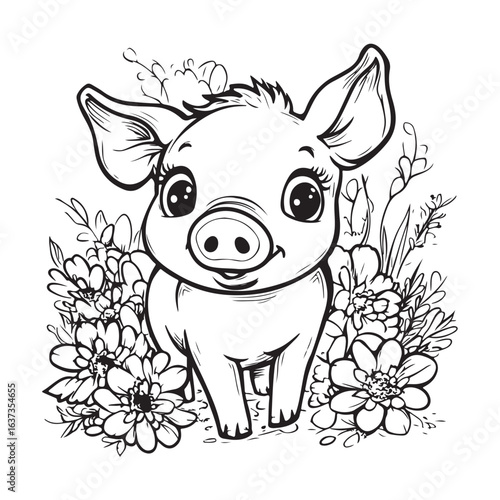 Cute Pig in Grass with Flowers Line Art vector silhouette