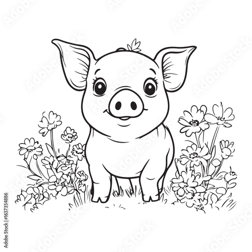Cute Pig in Grass with Flowers Line Art vector silhouette