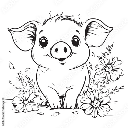 Cute Pig in Grass with Flowers Line Art vector silhouette