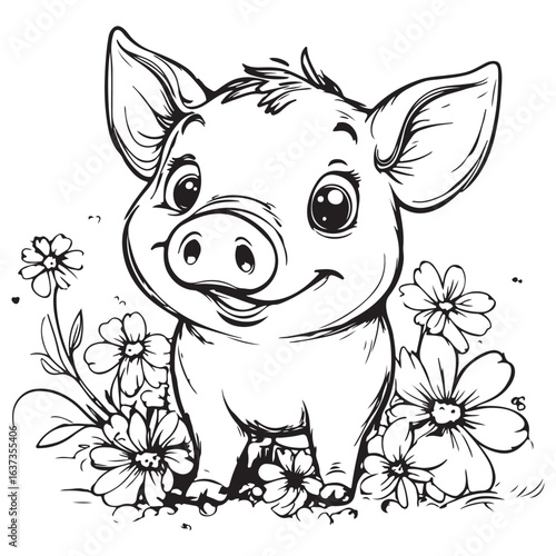 Cute Pig in Grass with Flowers Line Art vector silhouette