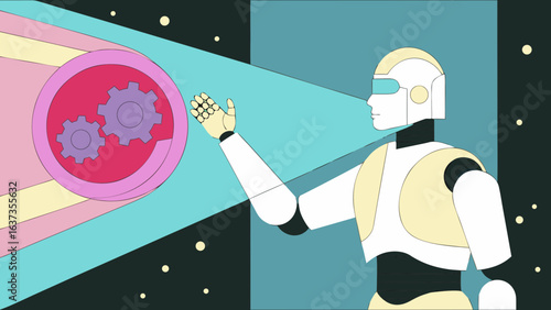 Futuristic robot interacting with a glowing portal containing gears symbolizing innovation and technological advancement