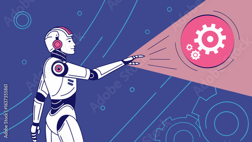 Humanoid robot interacting with glowing gears representing artificial intelligence and mechanical systems