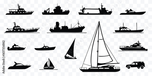 Collection of Diverse Boat Silhouettes on a Transparent Background Representing Maritime Transportation and Nautical Activities with Varying Vessel Types