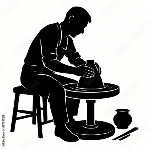Potter Silhouette Shaping Clay on Pottery Wheel – Traditional Pottery Craft Illustration