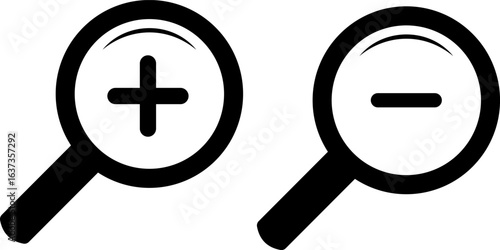  zoom in and zoom out icons.  search and investigation symbol. magnifier with plus and minus. loup with check mark signs
