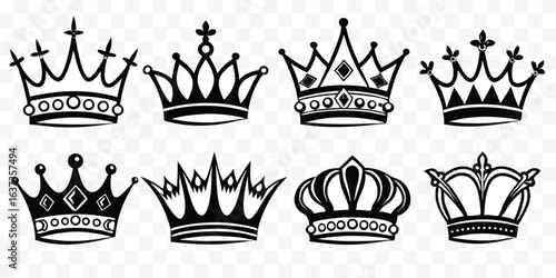 Collection of Elegant Crown Illustrations for Royalty Theme Design and Decoration Black and White Vector Set