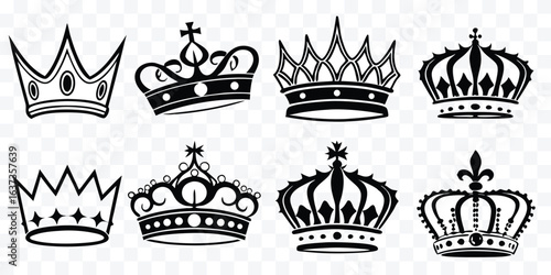 Collection of Decorative Black Crown Silhouettes for Regal Designs and Royal Emblems Elegant Vector Graphics for Print and Digital Media