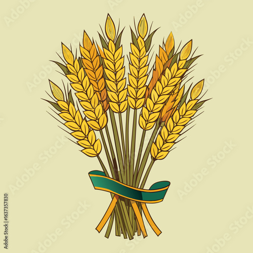 Bunch of golden wheat ears tied with a green ribbon on a pale background