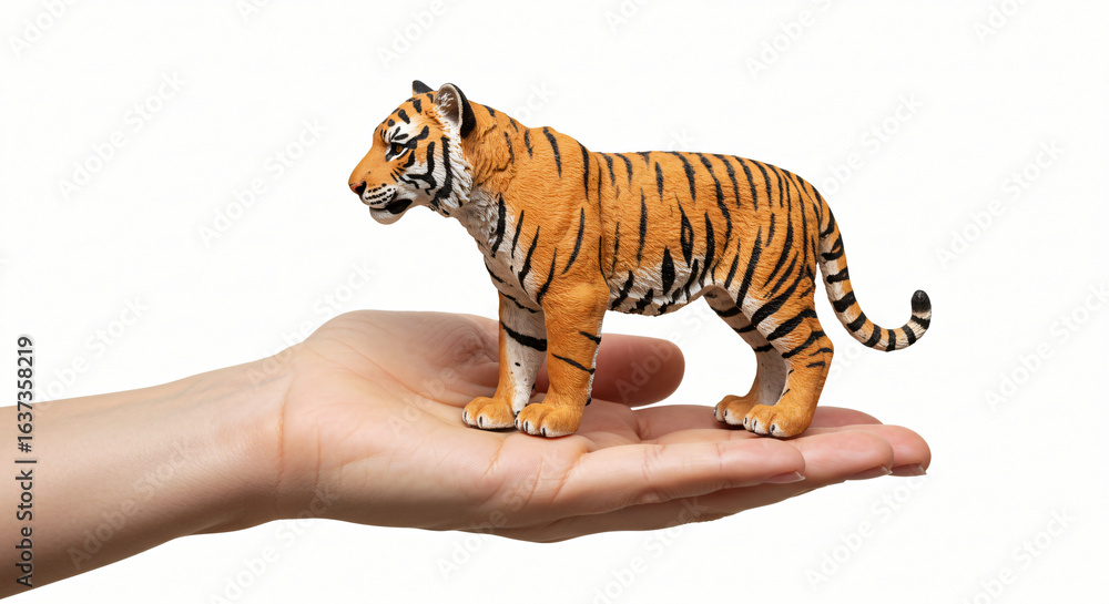 Obraz premium Hyper-Realistic Miniature Tiger Figurine Held in Human Hand Showcasing Intricate Craftsmanship, Lifelike Texture, and Authentic Animal Detailing for Collectors and Toy Enthusiasts