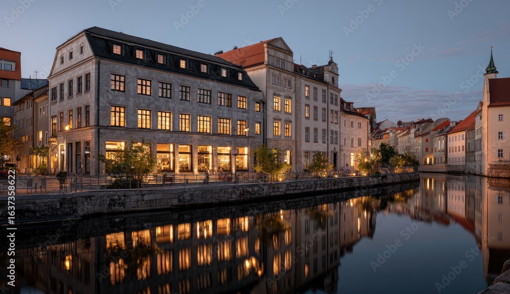 Obraz premium Riverfront Hotel Dusk, Cityscape Reflection