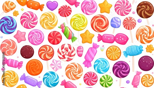 Huge set of cartoon doodle form candies and sweets. Lollipop, cotton, donut and strip