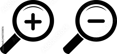  zoom in and zoom out icons.  search and investigation symbol. magnifier with plus and minus. loup with check mark signs
