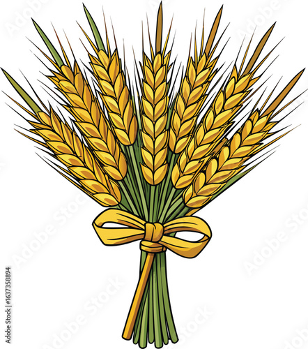 Bunch of golden wheat ears tied with a yellow ribbon