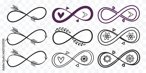 Collection of Infinity Symbol Variations with Arrow Hearts Flowers and Leaf Accents Black and White Designs Endless Possibilities