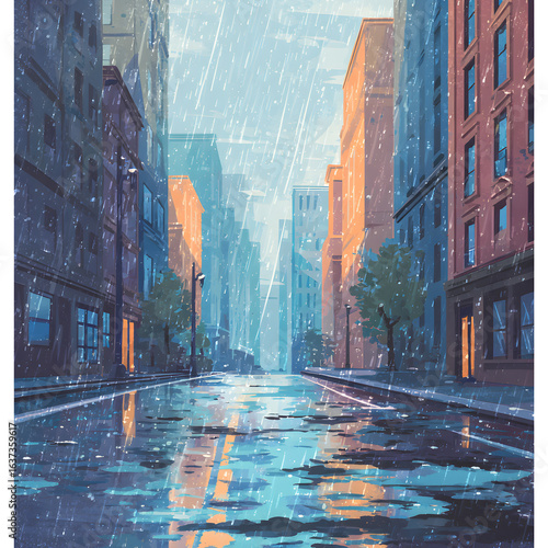 비오는 도시 거리 벡터 일러스트