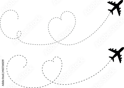 Airplanes tracing heart-shaped flight paths, symbolizing love and travel adventures