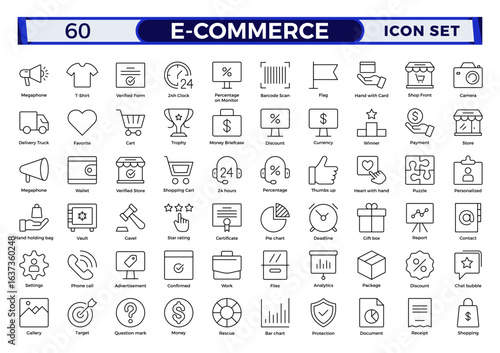 E-commerce outline icon set. Online shopping and delivery elements.E-Commerce set of in-line style. for mobile apps. Business, shop, digital marketing, bank card, gifts, sale, delivery,money,discount