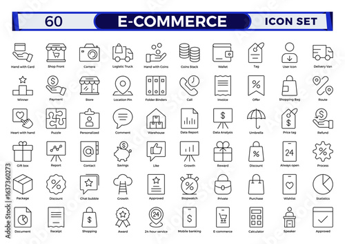 E-commerce outline icon set. Online shopping and delivery elements.E-Commerce set of in-line style. for mobile apps. Business, shop, digital marketing, bank card, gifts, sale, delivery,money,discount