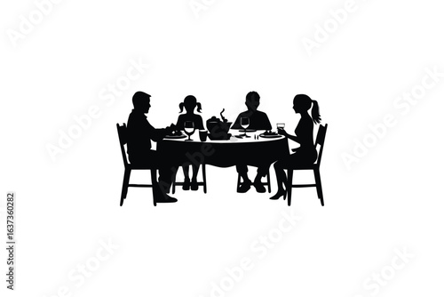 Silhouette of Family of Four Eating at Table