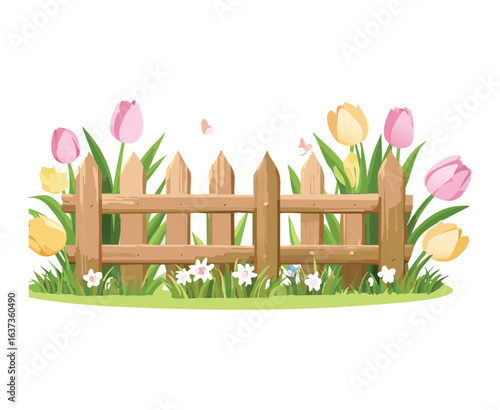 Picket Fence with Tulips and a Butterfly