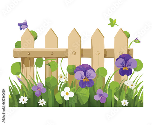 Wooden Picket Fence with Purple Pansy Flowers